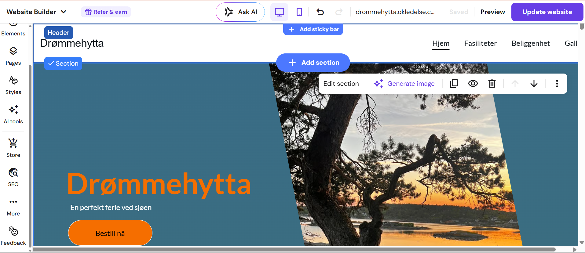Hostinger Website Builder med nettsiden åpen