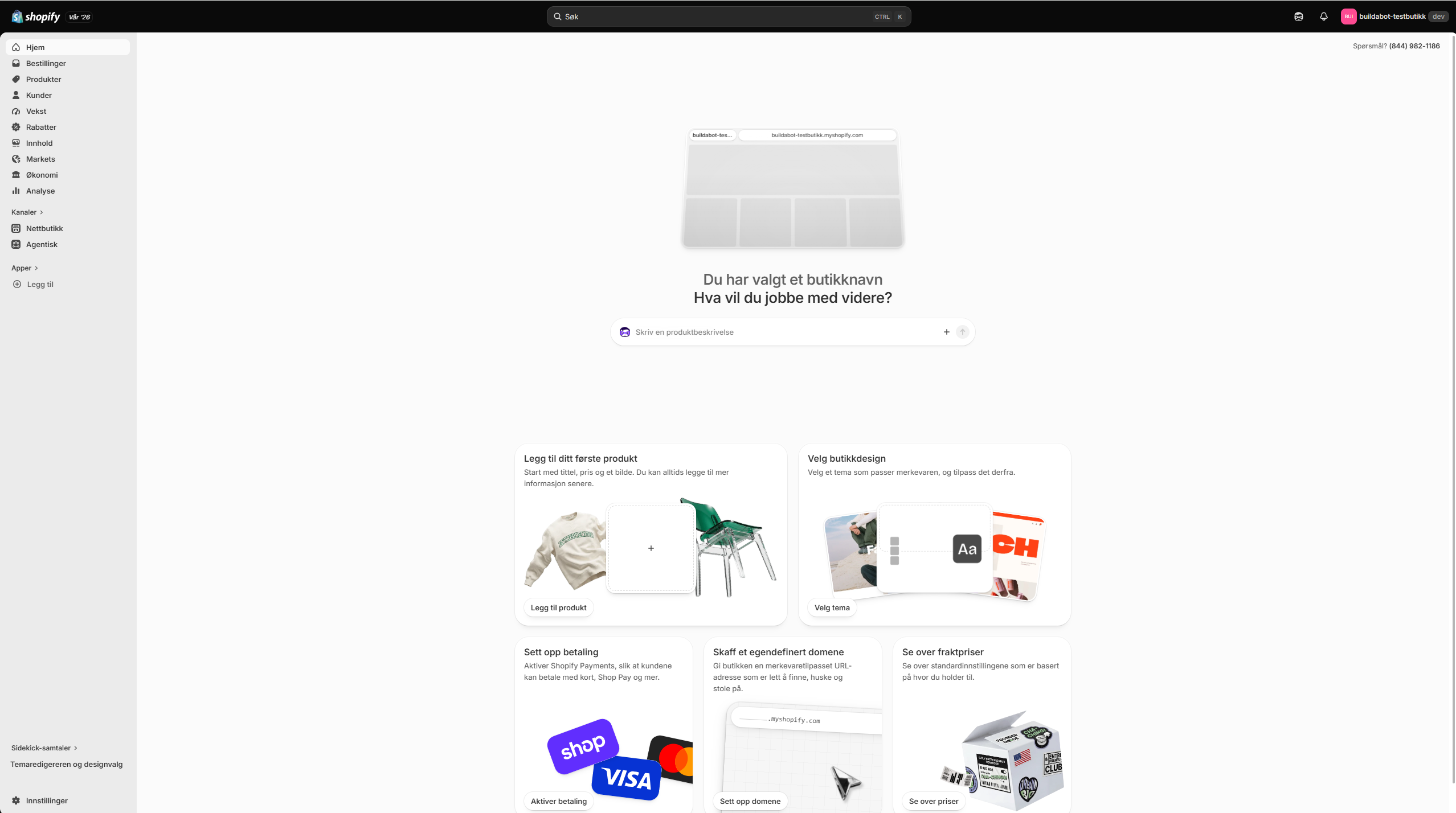 Shopify-administrasjonen med menyen til venstre