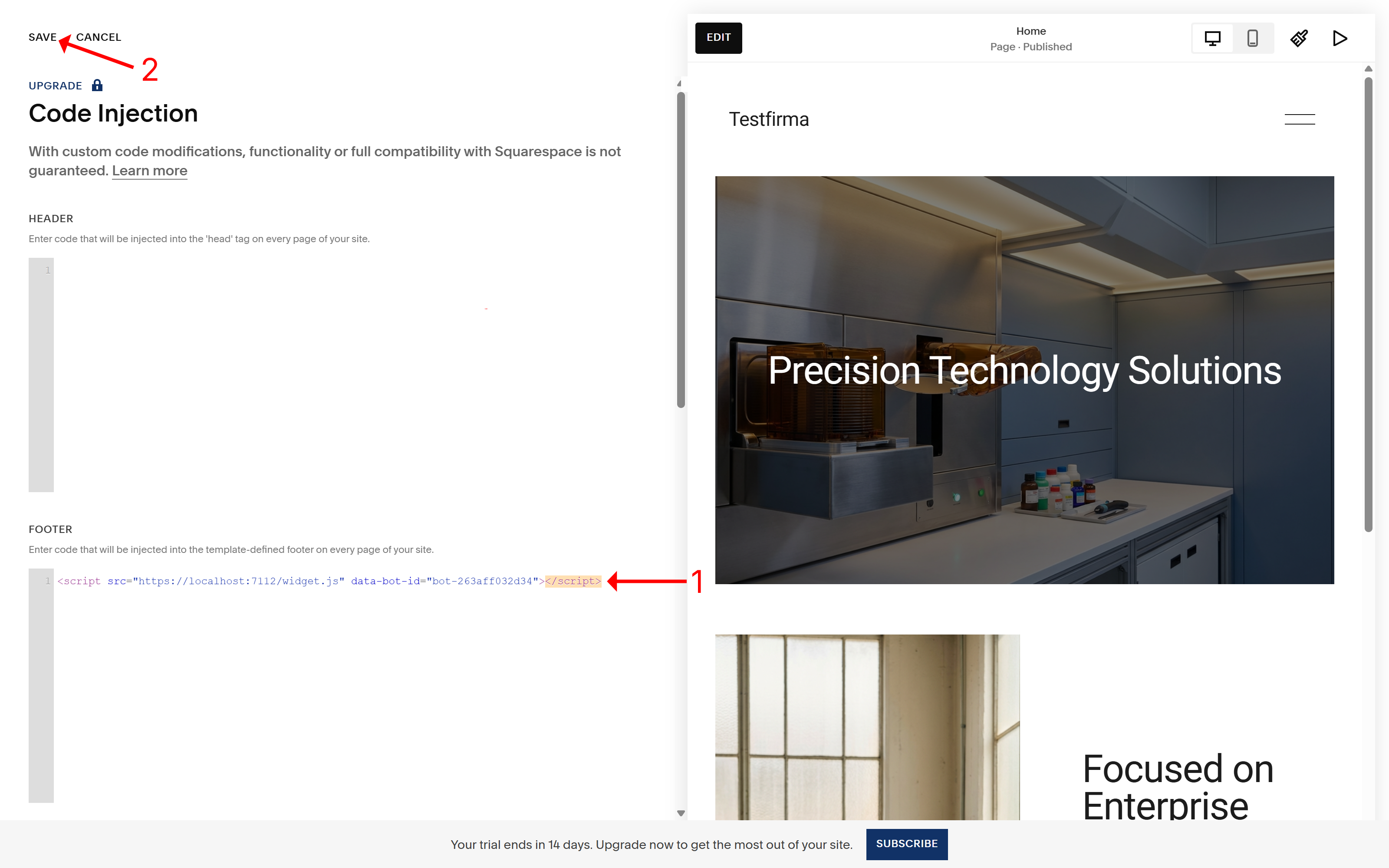 Footer-feltet i Squarespace Code Injection med koden limt inn og Save-knappen