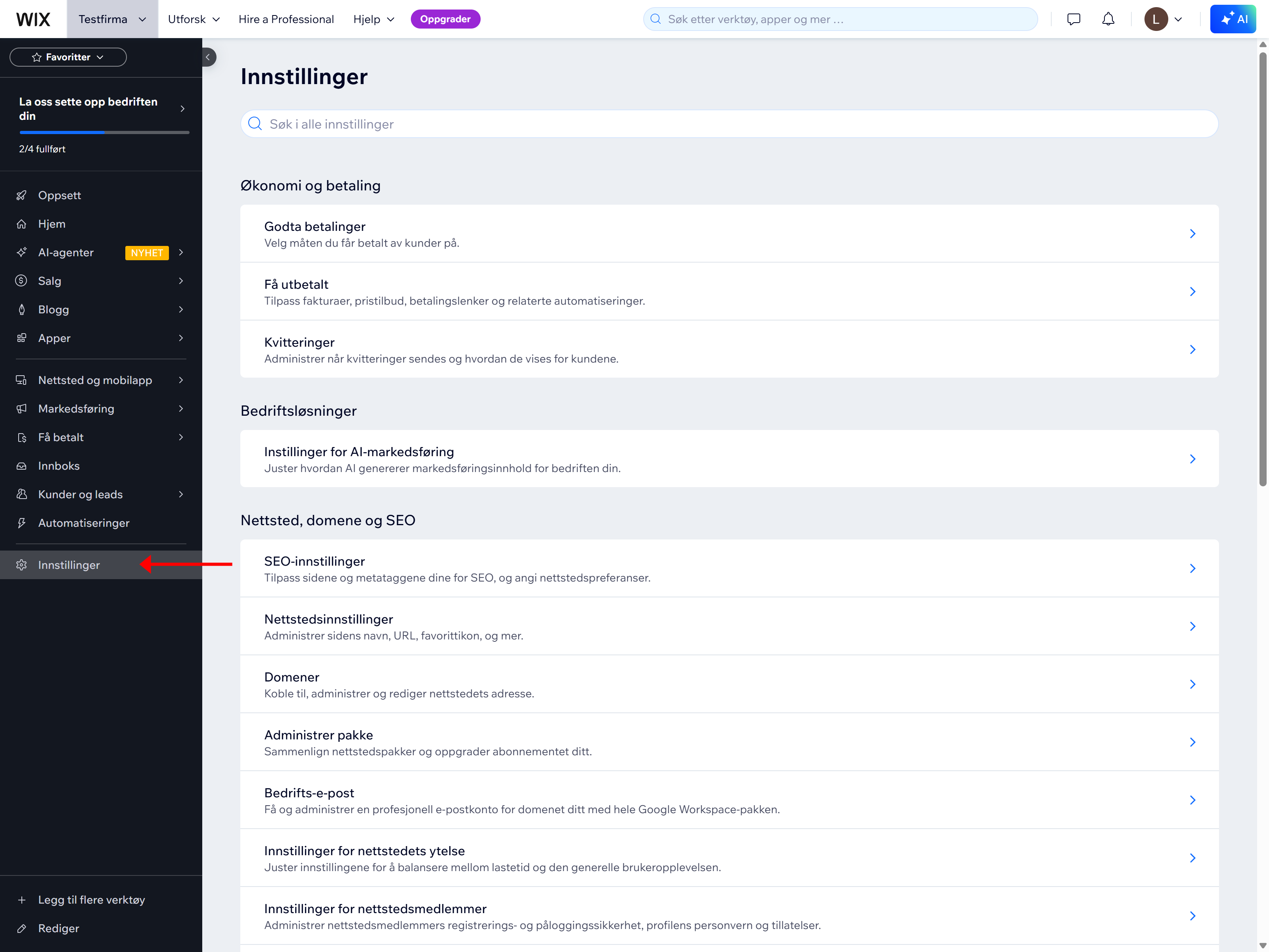 Innstillinger-siden i Wix med seksjonene sine